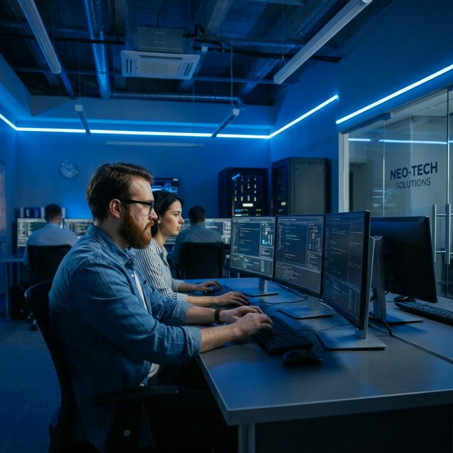 IT professionals working in a modern tech office